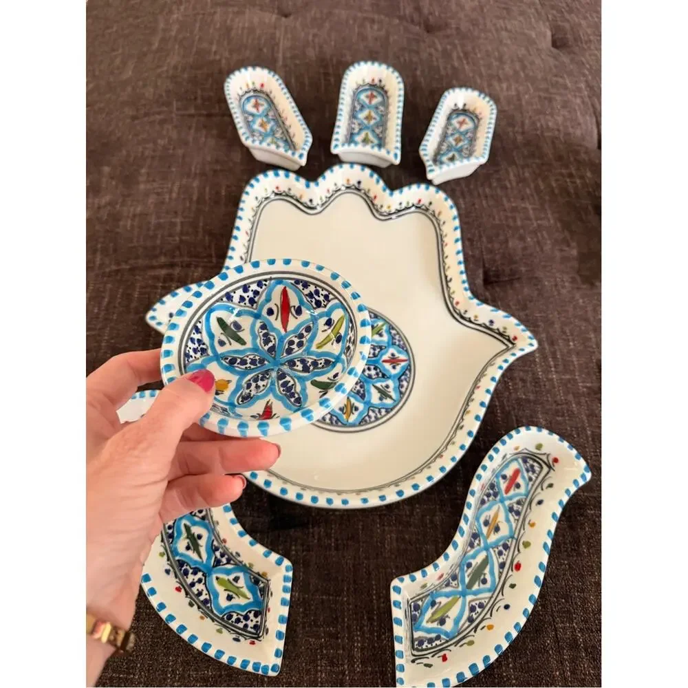 World Market 7 Piece Hand of Fatima, Ceramic Tray Platter Serving Set India